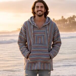 Baha Pullover Hoodie Sweatshirt Unisex XXL Multi Color Rainbow Pocket Beach Surf